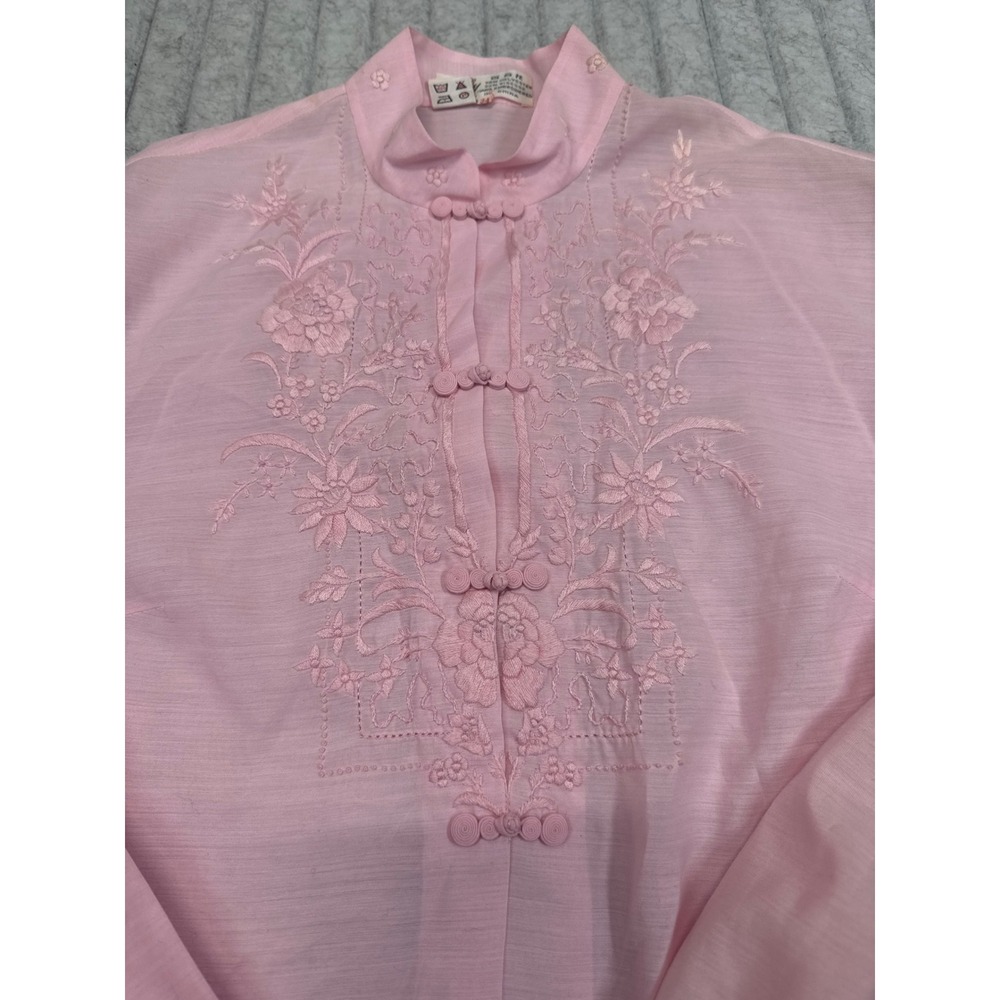 Lily Vintage Pink Hand Embroidered Mandarin Collar Frog Button Blouse Size 34